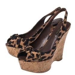 Pre Owned صندل لوي فيتون كعب روكي فليني نعل سميك فتحة كعب قماش مطبوع نقشة الفهد بيج و بني مقاس 37.5