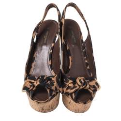 Pre Owned صندل لوي فيتون كعب روكي فليني نعل سميك فتحة كعب قماش مطبوع نقشة الفهد بيج و بني مقاس 37.5