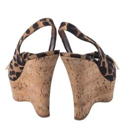 Pre Owned صندل لوي فيتون كعب روكي فليني نعل سميك فتحة كعب قماش مطبوع نقشة الفهد بيج و بني مقاس 37.5