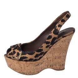 Pre Owned صندل لوي فيتون كعب روكي فليني نعل سميك فتحة كعب قماش مطبوع نقشة الفهد بيج و بني مقاس 37.5