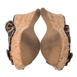 Pre Owned صندل لوي فيتون كعب روكي فليني نعل سميك فتحة كعب قماش مطبوع نقشة الفهد بيج و بني مقاس 37.5