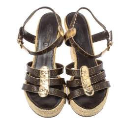 مملوكة مسبقًا Louis Vuitton Monogram Canvas and Metallic Gold Leather Bahamas T Strap Espadrille Wedge Sandals Size 39