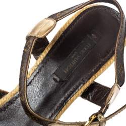 مملوكة مسبقًا Louis Vuitton Monogram Canvas and Metallic Gold Leather Bahamas T Strap Espadrille Wedge Sandals Size 39