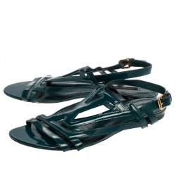 مملوكة مسبقًا Louis Vuitton Teal Blue Patent Leather Crossing Logo Flat Sandals Size 40