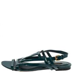 مملوكة مسبقًا Louis Vuitton Teal Blue Patent Leather Crossing Logo Flat Sandals Size 40