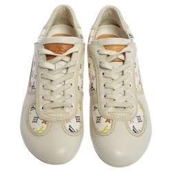Pre Owned Louis Vuitton White Leather And Multicolor Monogram Canvas Lace Up Sneakers Size 34