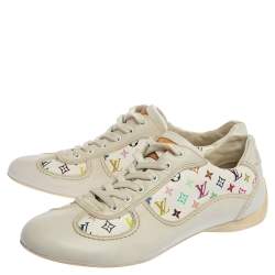 Pre Owned Louis Vuitton White Leather And Multicolor Monogram Canvas Lace Up Sneakers Size 34