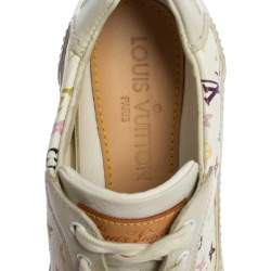 Pre Owned Louis Vuitton White Leather And Multicolor Monogram Canvas Lace Up Sneakers Size 34