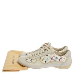 Pre Owned Louis Vuitton White Leather And Multicolor Monogram Canvas Lace Up Sneakers Size 34