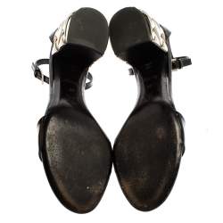 Louis Vuitton Black Patent Silver Block Heel Ankle Strap Sandals Size 40
