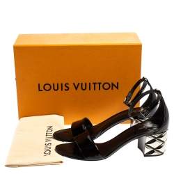 Louis Vuitton Black Patent Silver Block Heel Ankle Strap Sandals Size 40