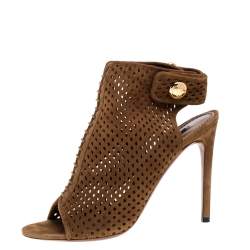Louis Vuitton Brown Perforated Suede Leather Open Toe Ankle Booties Size 39