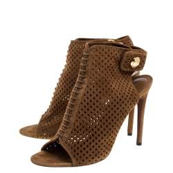Louis Vuitton Brown Perforated Suede Leather Open Toe Ankle Booties Size 39