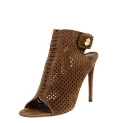 Louis Vuitton Brown Perforated Suede Leather Open Toe Ankle Booties Size 39
