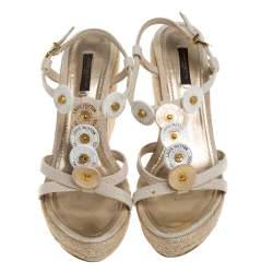 Pre Owned Louis Vuitton Cream White Canvas Embellished Espadrille Wedge Sandals Size 40