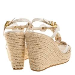 Pre Owned Louis Vuitton Cream White Canvas Embellished Espadrille Wedge Sandals Size 40