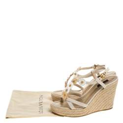 Pre Owned Louis Vuitton Cream White Canvas Embellished Espadrille Wedge Sandals Size 40
