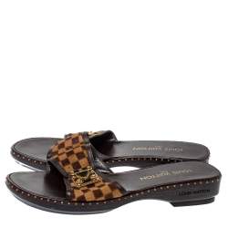 Pre Owned Louis Vuitton Brown Damier Calf Hair Clog Slide Sandals Size 38.5