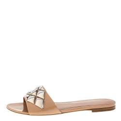 Pre Owned صندل سلايد فلات لوي فيتون مزخرف جلد لامع بيج مقاس 37.5