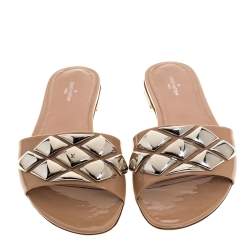 Pre Owned صندل سلايد فلات لوي فيتون مزخرف جلد لامع بيج مقاس 37.5