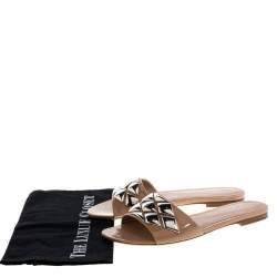 Pre Owned صندل سلايد فلات لوي فيتون مزخرف جلد لامع بيج مقاس 37.5