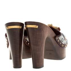 Pre Owned صندل لوي فيتون ميني لين مونوغرامي رصاصي/عنابي ورافية لامعة نعل سميك مقاس 40