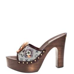 Pre Owned صندل لوي فيتون ميني لين مونوغرامي رصاصي/عنابي ورافية لامعة نعل سميك مقاس 40