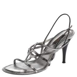 Louis Vuitton Metallic Silver Leather Strappy Sandals Size 38.5