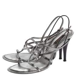 Louis Vuitton Metallic Silver Leather Strappy Sandals Size 38.5