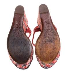 Louis Vuitton Red Leather And Multicolor Fabric Wedge Criss Cross Platform Slingback Sandals Size 37