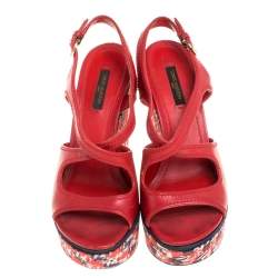 Louis Vuitton Red Leather And Multicolor Fabric Wedge Criss Cross Platform Slingback Sandals Size 37