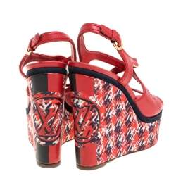 Louis Vuitton Red Leather And Multicolor Fabric Wedge Criss Cross Platform Slingback Sandals Size 37