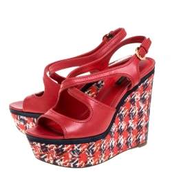 Louis Vuitton Red Leather And Multicolor Fabric Wedge Criss Cross Platform Slingback Sandals Size 37