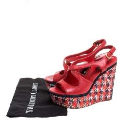 Louis Vuitton Red Leather And Multicolor Fabric Wedge Criss Cross Platform Slingback Sandals Size 37