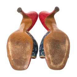 Pre Owned Louis Vuitton Blue/Red Monogram Denim and Crocodile Mule Sandals Size 37.5