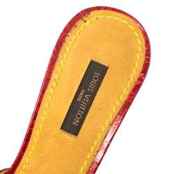 Pre Owned Louis Vuitton Blue/Red Monogram Denim and Crocodile Mule Sandals Size 37.5