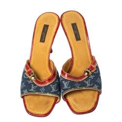 Pre Owned Louis Vuitton Blue/Red Monogram Denim and Crocodile Mule Sandals Size 37.5