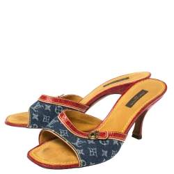 Pre Owned Louis Vuitton Blue/Red Monogram Denim and Crocodile Mule Sandals Size 37.5
