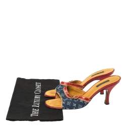 Pre Owned Louis Vuitton Blue/Red Monogram Denim and Crocodile Mule Sandals Size 37.5