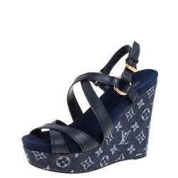 Louis Vuitton Monogram Ocean Blue Denim Leather Platform Wedge Sandals Size  38