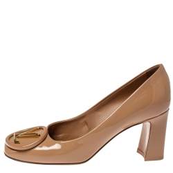 Pre Owned Louis Vuitton Beige Patent Leather Madeleine Logo Block Heel Pumps Size 36