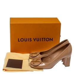 Pre Owned Louis Vuitton Beige Patent Leather Madeleine Logo Block Heel Pumps Size 36