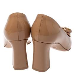 Pre Owned Louis Vuitton Beige Patent Leather Madeleine Logo Block Heel Pumps Size 36