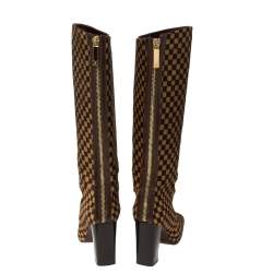 Pre Owned Louis Vuitton Brown Damier Ponyhair Knee Length Boots Size 37.5