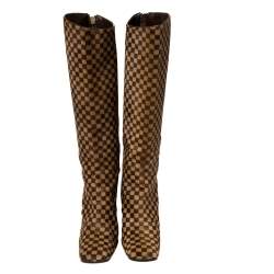 Pre Owned Louis Vuitton Brown Damier Ponyhair Knee Length Boots Size 37.5