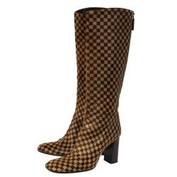 Pre Owned Louis Vuitton Brown Damier Ponyhair Knee Length Boots Size 37.5