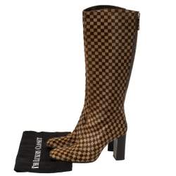 Pre Owned Louis Vuitton Brown Damier Ponyhair Knee Length Boots Size 37.5