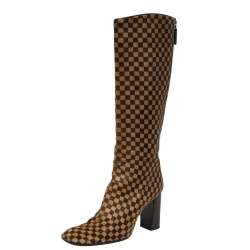 Pre Owned Louis Vuitton Brown Damier Ponyhair Knee Length Boots Size 37.5
