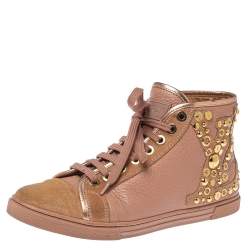 Pre Owned Louis Vuitton Pink Leather And Suede Studded Punchy Hight Top Sneakers Size 37