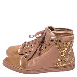 Pre Owned Louis Vuitton Pink Leather And Suede Studded Punchy Hight Top Sneakers Size 37